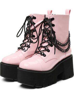 Women’s Pink Combat Boots Lace up Side Zipper Ankle Botas High Heel Chunky